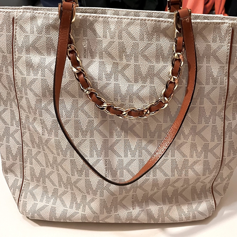 Michael Kors Cream Signature Canvas Shoulder Bag with Brown Trim and Gold Chain